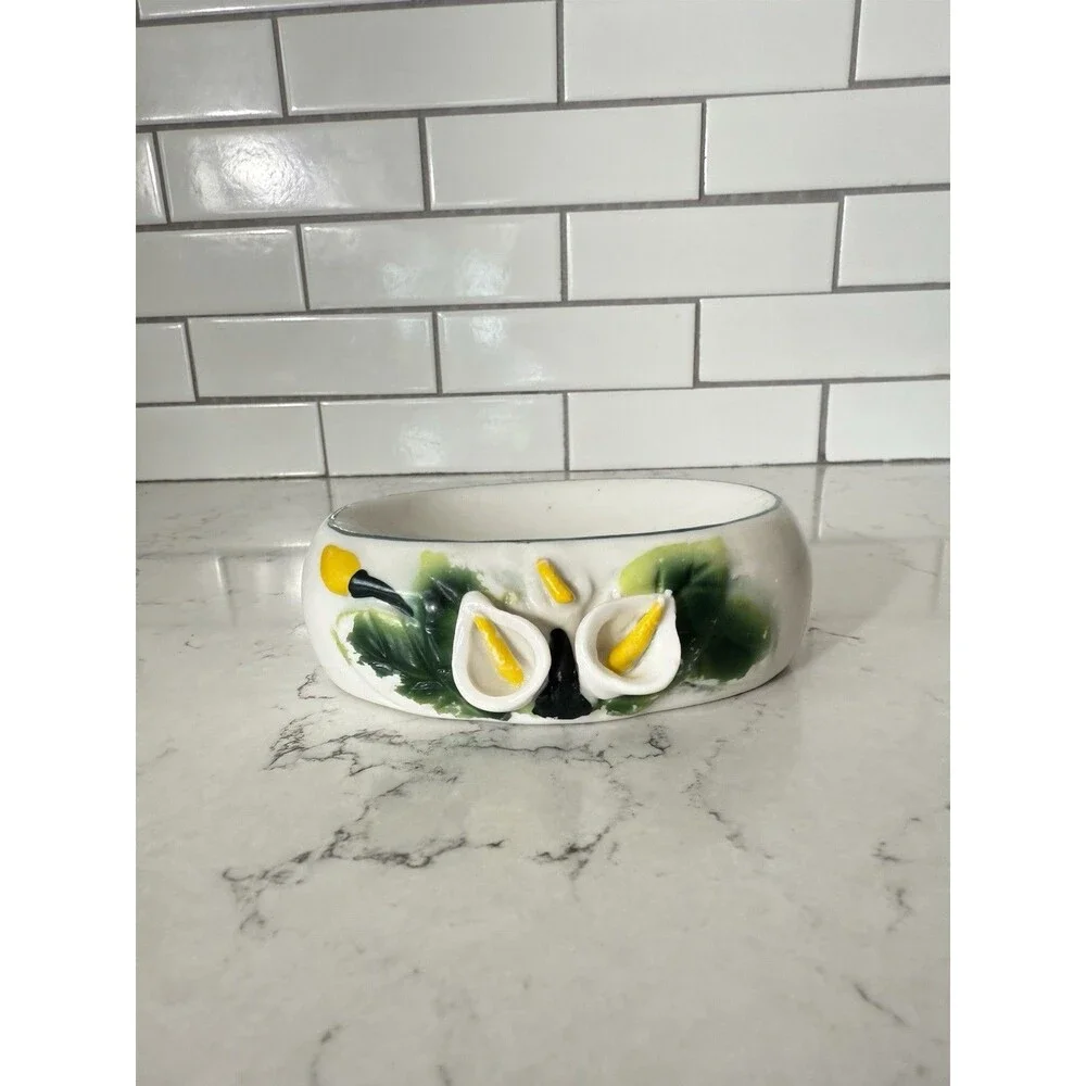 Vintage Black Ceramic Soap Dish Calla Lily Design